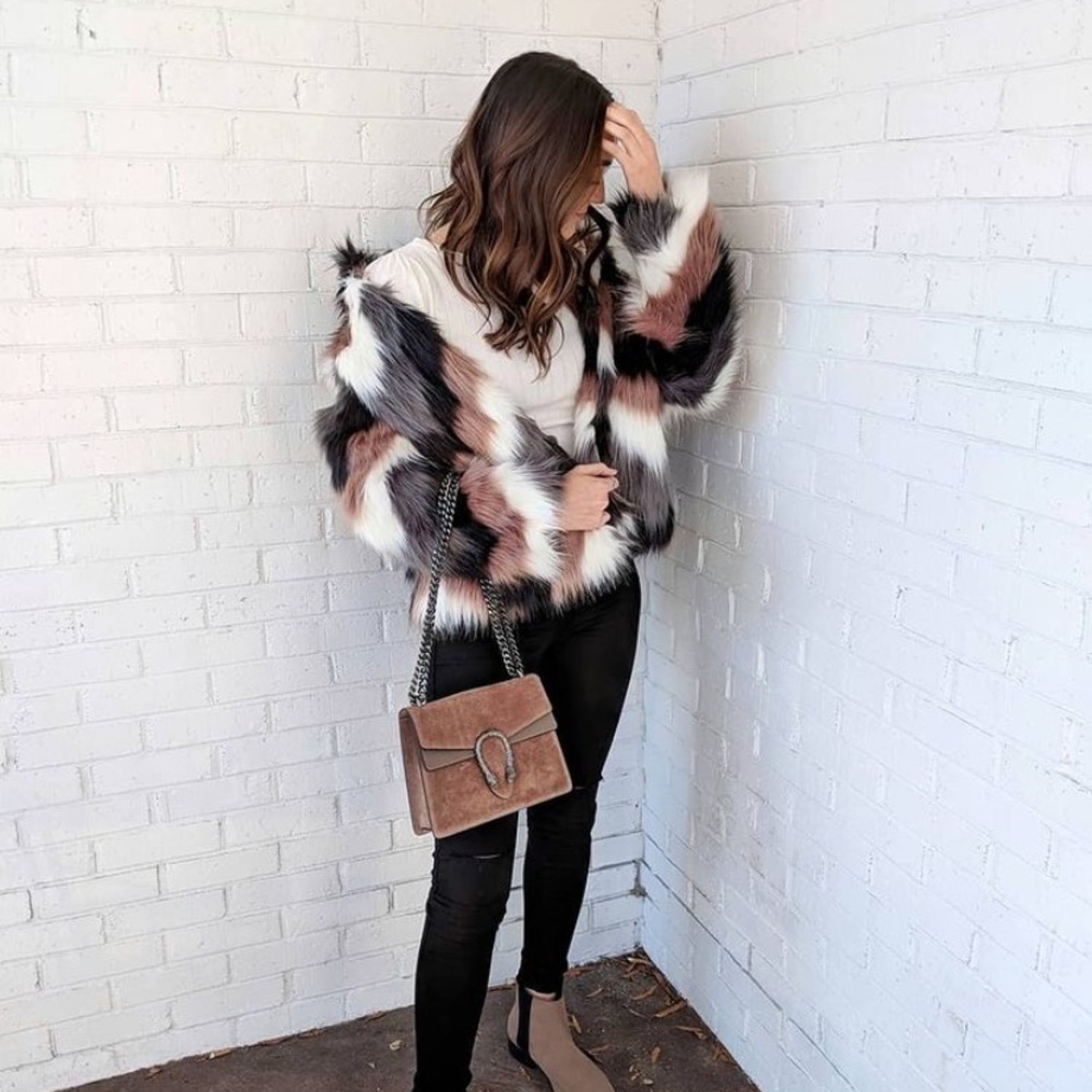 Chevron faux fur coat